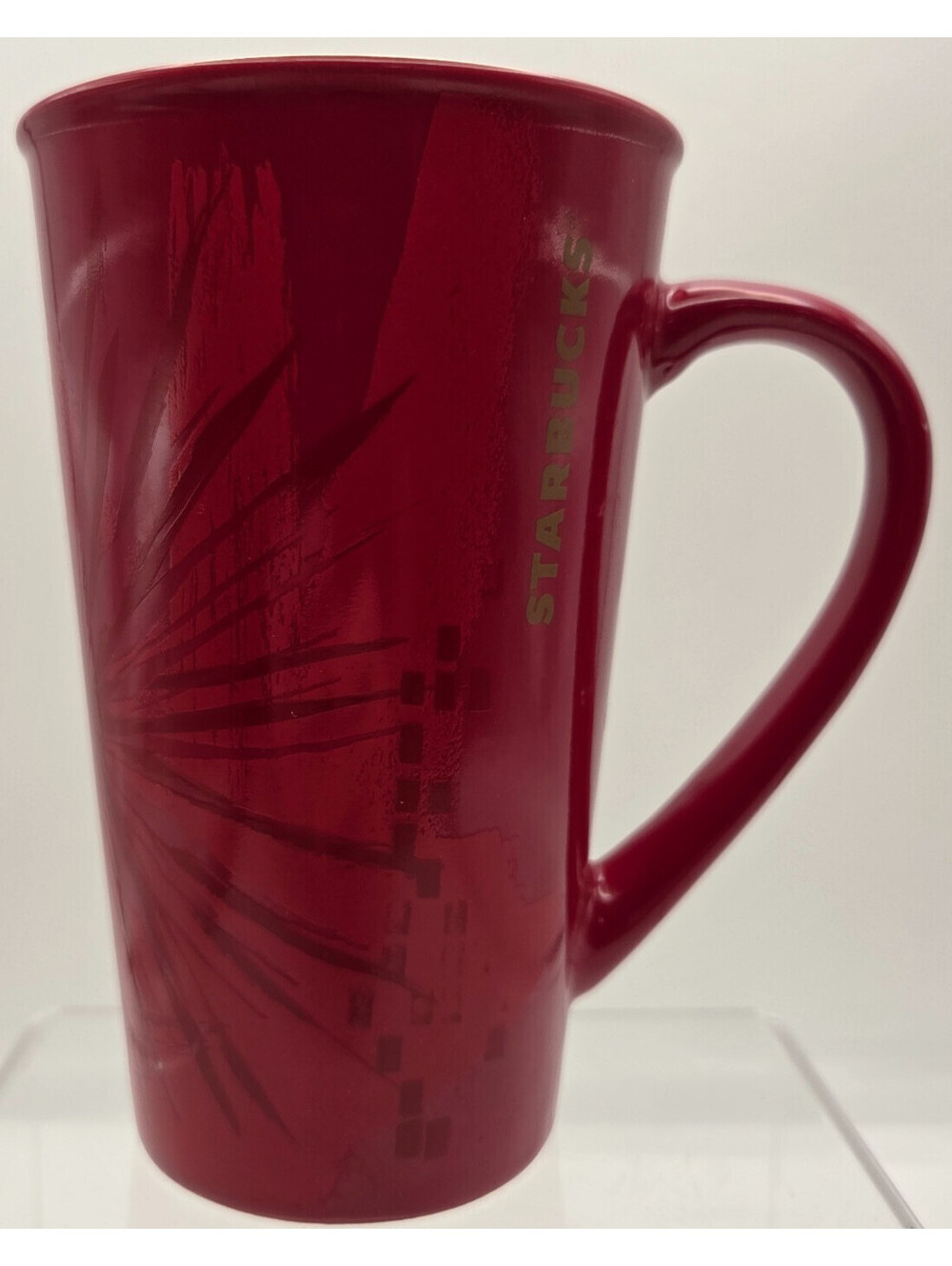 Starbucks 2014 Red Tall Latte Coffee Mug 17.8oz Etched Burst Design Ceramic